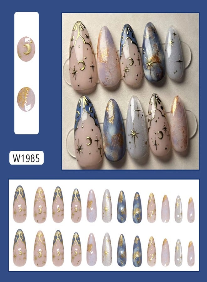 Vopintpy Gold Star Moon French Tip Press on Nails Gold Foil Cat Eye Fake Nails with Design Glossy Long Almond Artificial Stick on Nail Full Cover Acrylic Glue on Nail for Women DIY Manicure - Image 2